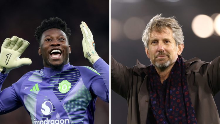 Split image, Andre Onana with hands up celebrating for Manchester United and Edwin van der Sar smiling toward the camera.