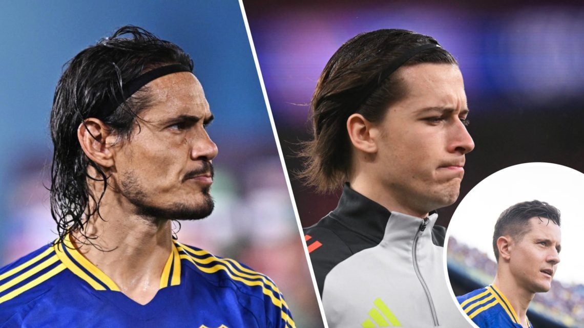 Split image. Edison Cavani looking to the left with wet hair for Boca Juniors and Alvaro Fernandez facing to left for Benfica. Inset, Ander Herrera...
