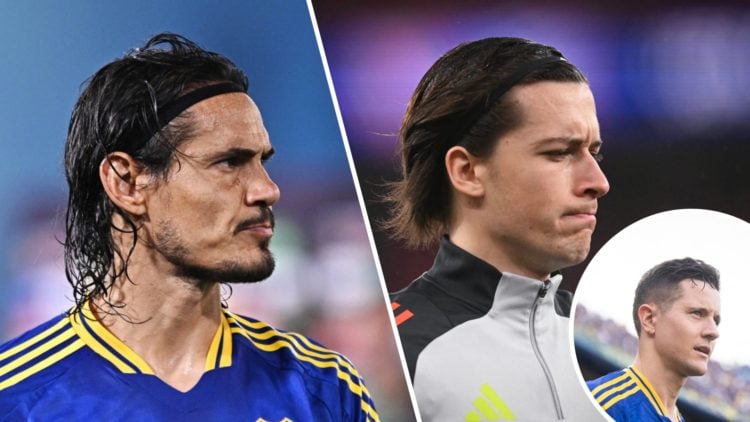Split image. Edison Cavani looking to the left with wet hair for Boca Juniors and Alvaro Fernandez facing to left for Benfica. Inset, Ander Herrera...