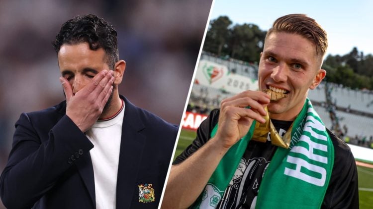 Split image. Ruben Amorim with head in hands for Manchester United and Viktor Gyokeres holds up Portuguese cup medal.