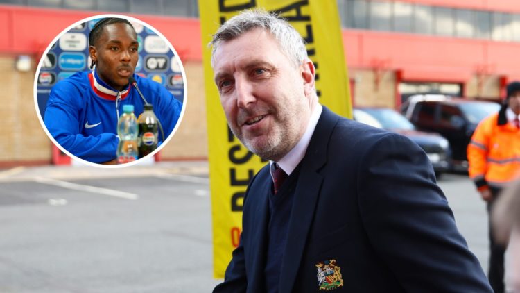 Manchester United sporting director Jason Wilcox, inset of France U21s star Mathys Tel in a press conference.
