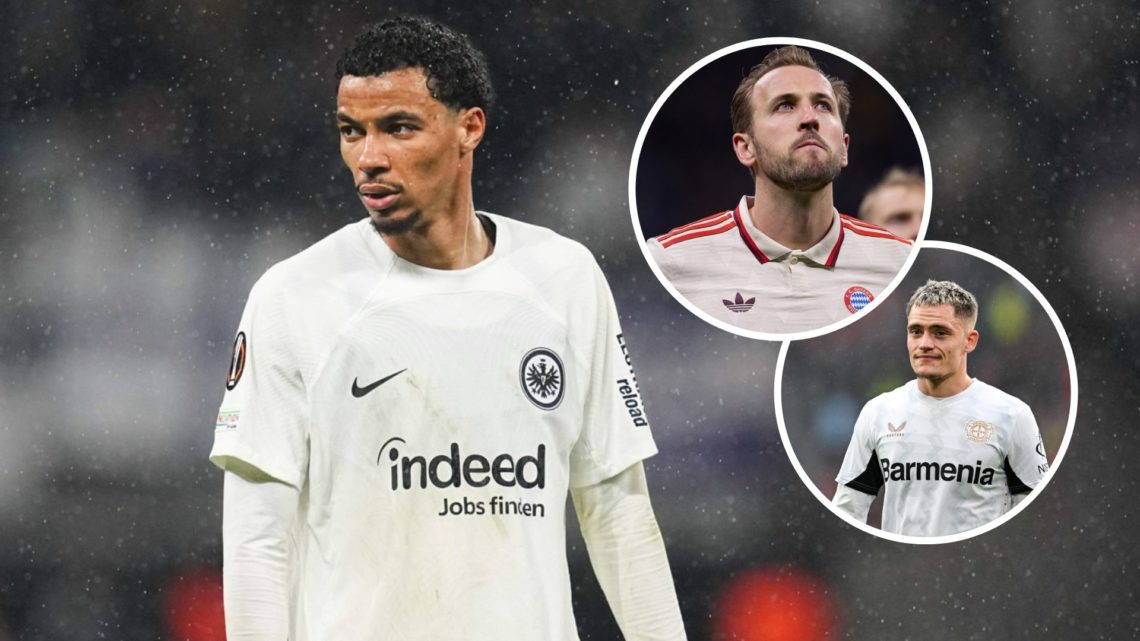 Eintracht Frankfurt forward Hugo Ekitike in action, inset of Harry Kane and Florian Wirtz.