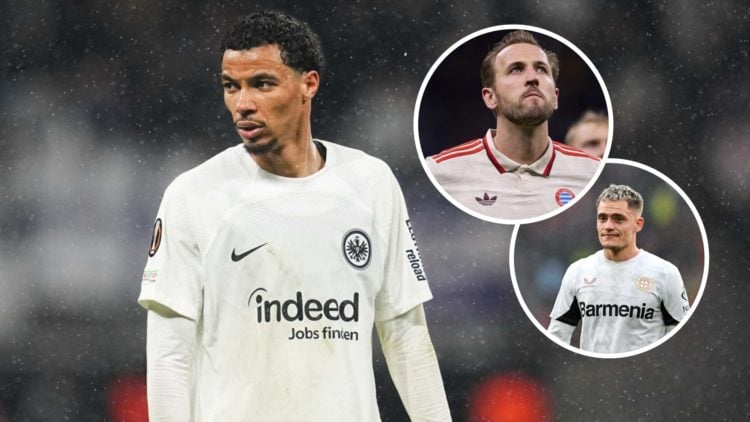 Eintracht Frankfurt forward Hugo Ekitike in action, inset of Harry Kane and Florian Wirtz.