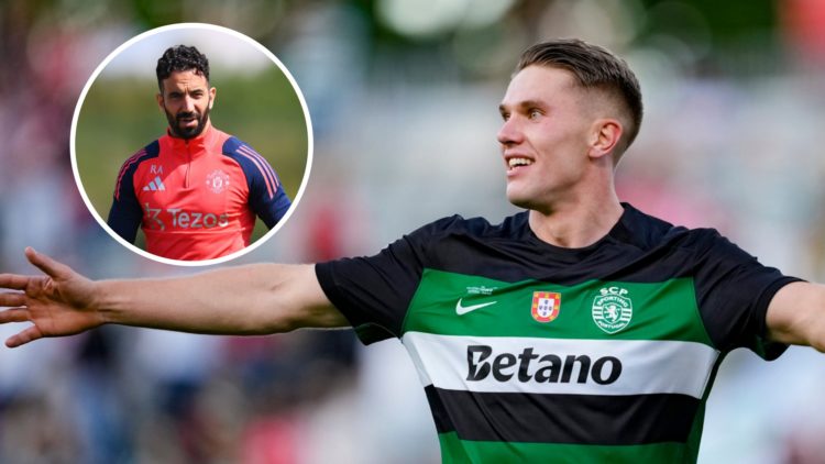 Viktor Gyokeres, Sporting Lisbon striker. Inset of Manchester United head coach Ruben Amorim.