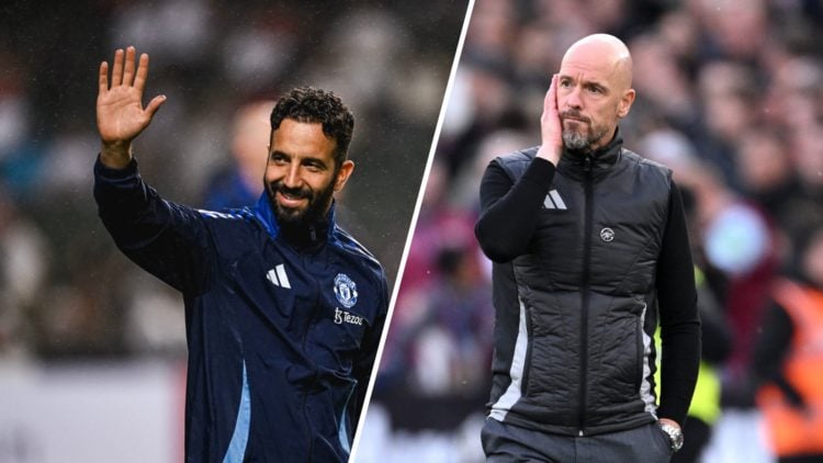 Ruben Amorim, Manchester United head coach. Split image with former manager Erik ten Hag.