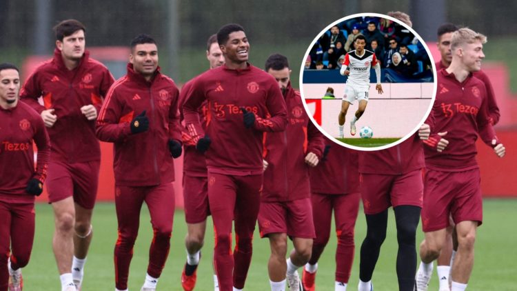 Manchester United squad training at Carrington, inset of Hugo Ekitike in action.