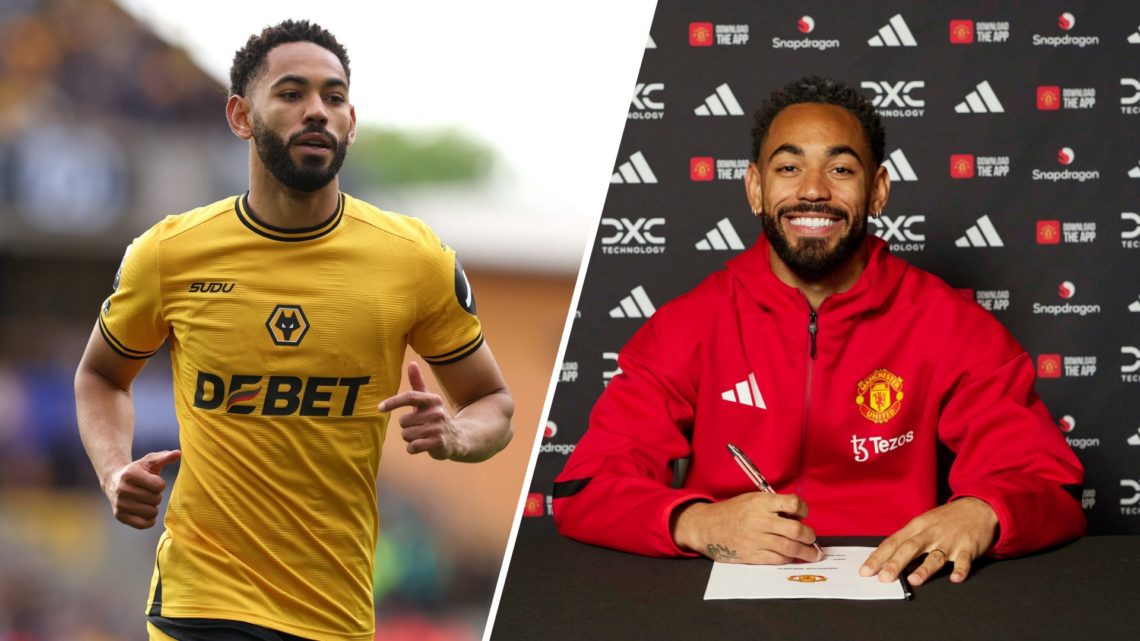 Matheus Cunha during his time at Wolves, split image of Cunha signing his Manchester United contract.