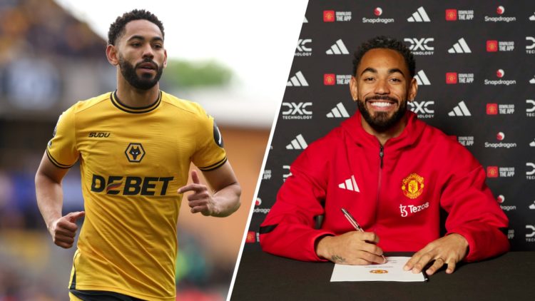 Matheus Cunha during his time at Wolves, split image of Cunha signing his Manchester United contract.