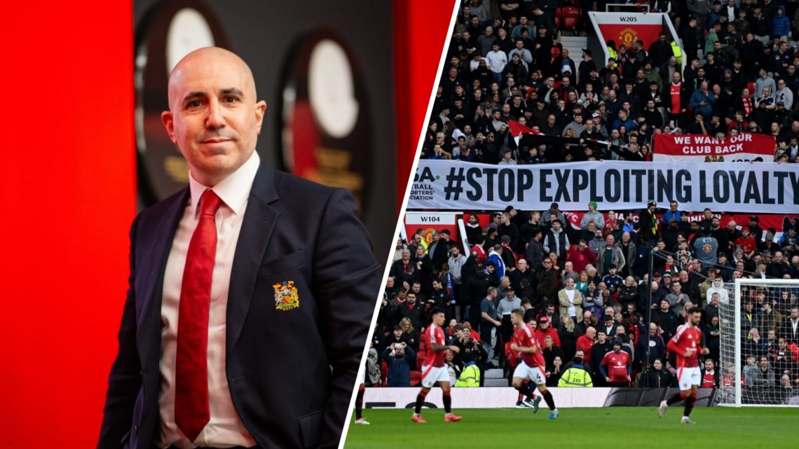 Manchester United CEO Omar Berrada, split image of fans protesting at Old Trafford.
