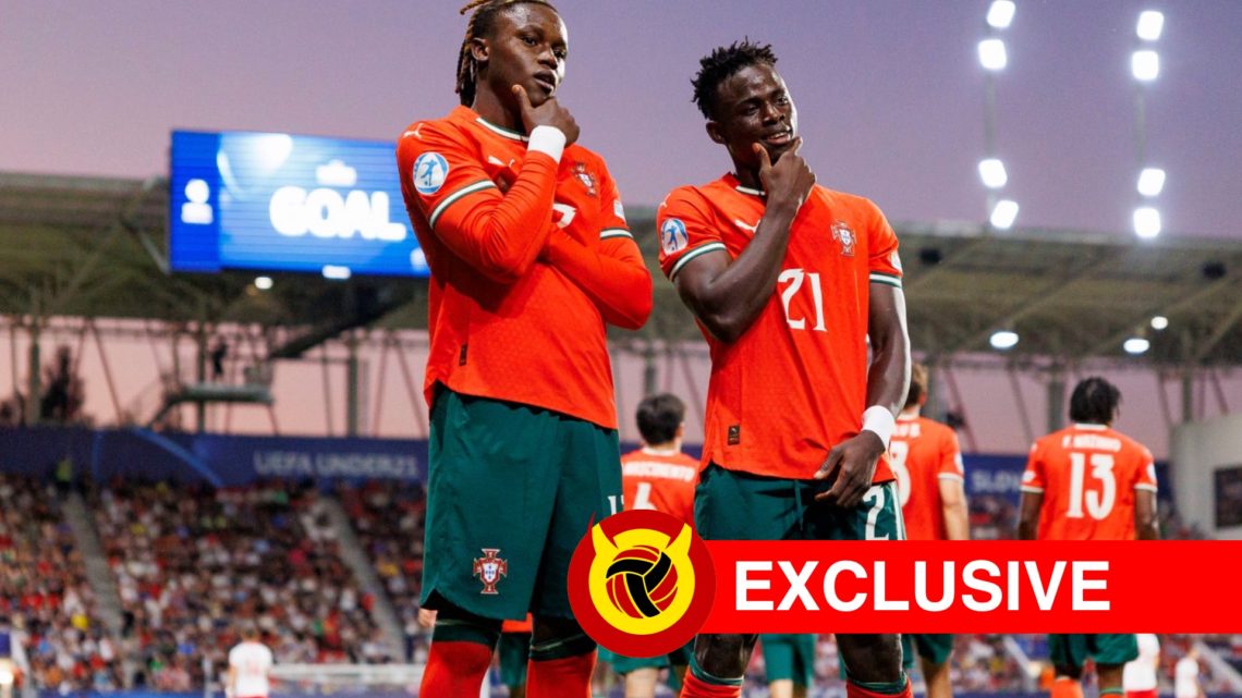 Roger Fernandes and Geovany Quenda celebrate together during U21 European Championships. Overlaid UIF logo and exclusives banner.