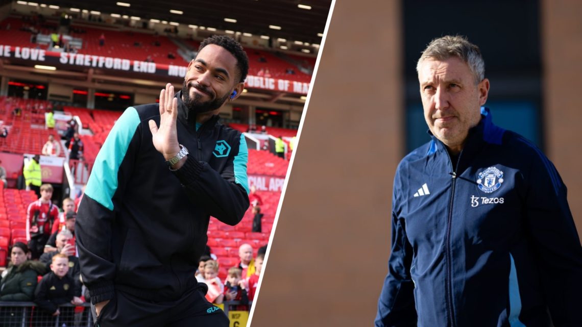 Split image of Matheus Cunha arriving at Old Trafford and Manchester United sporting director Jason Wilcox.