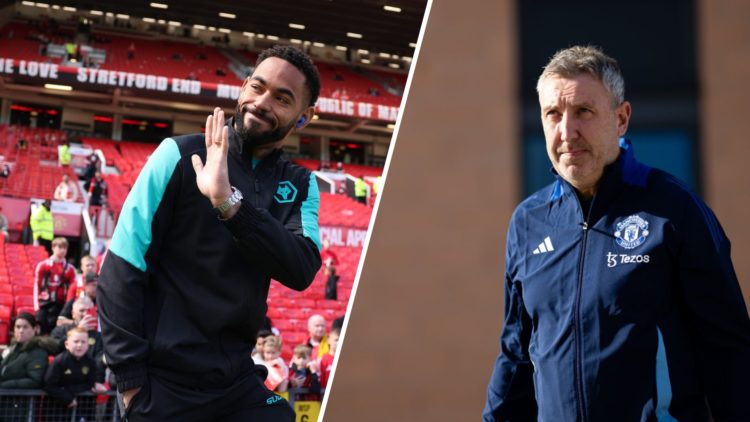 Split image of Matheus Cunha arriving at Old Trafford and Manchester United sporting director Jason Wilcox.