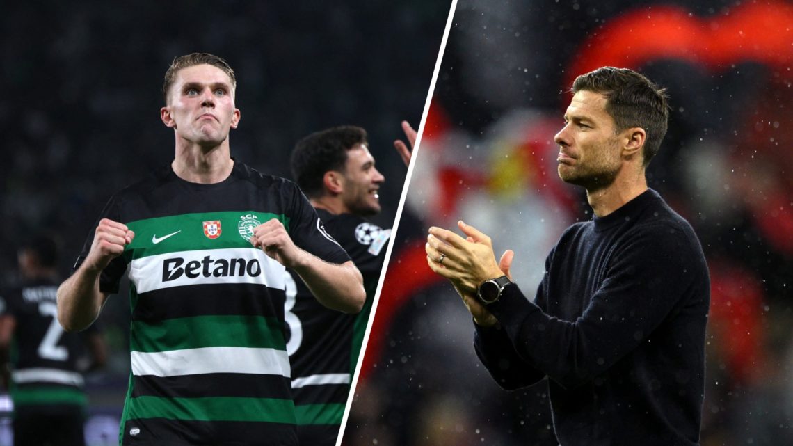 A split image of Sporting CP striker Viktor Gyokeres (L) and Bayer Leverkusen manager Xabi Alonso (R)