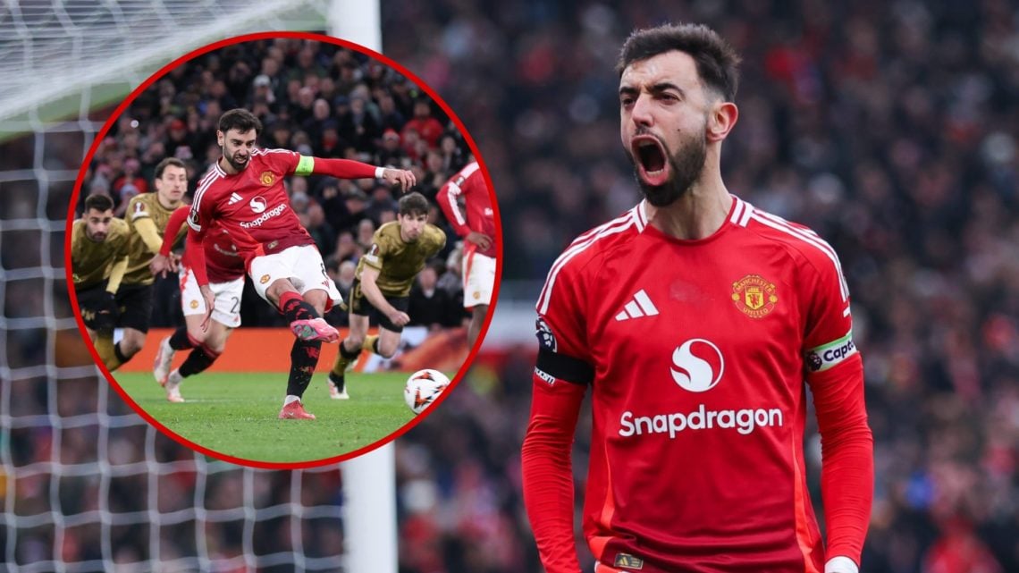 Bruno Fernandes celebrates goal, and inset, taking a penalty