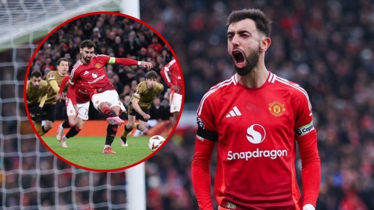 Bruno Fernandes celebrates goal, and inset, taking a penalty