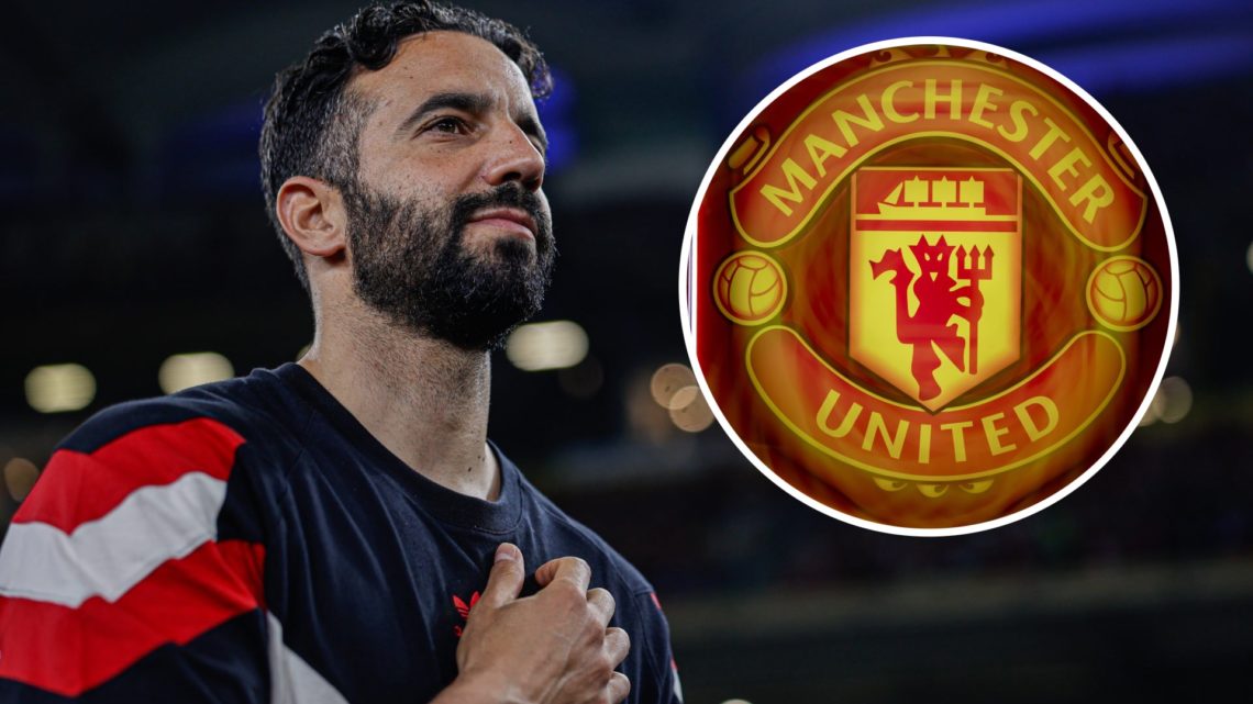 Ruben Amorim stands with hand against his chest before friendly vs Hong Kong. Inset, Manchester United club badge.