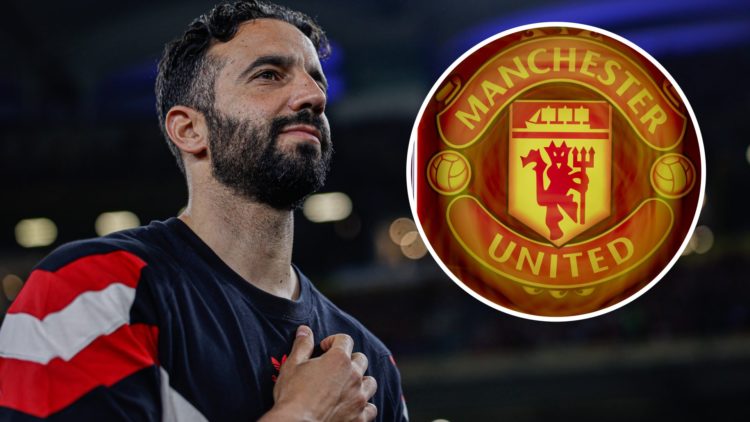Ruben Amorim stands with hand against his chest before friendly vs Hong Kong. Inset, Manchester United club badge.