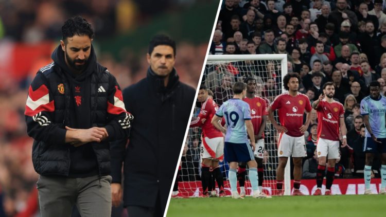 Split image of Manchester United and Arsenal managers Ruben Amorim and Mikel Arteta and Manchester United facing Arsenal.