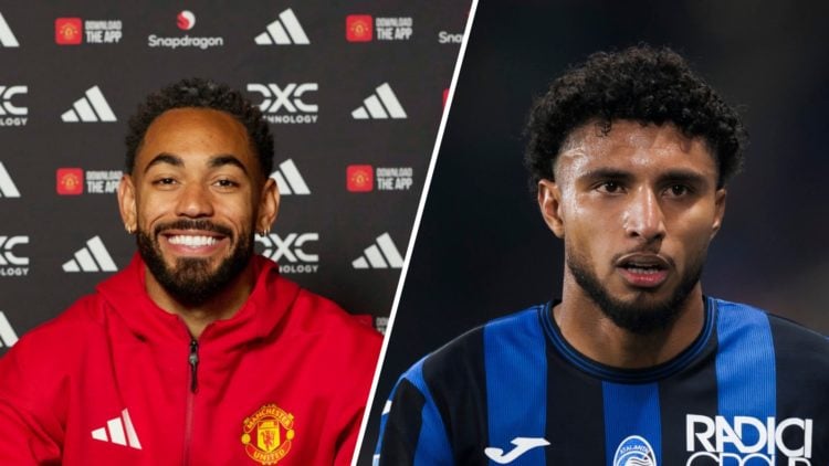 Split image, Matheus Cunha smiles will signing Manchester United contract and Ederson of Atalanta during game staring intensely.