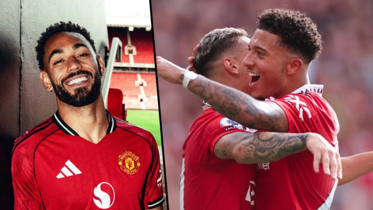 Split image, Matheus Cunha poses for Manchester United photoshoot at Old Trafford and Antony celebrates with Jadon Sancho against Arsenal in 2022.