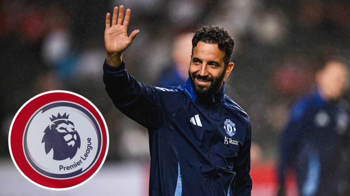 Ruben Amorim waves to Manchester United fans during post-season tour, inset Premier League badge.