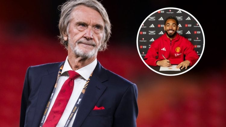 Manchester United co-owner Jim Ratcliffe, inset of Matheus Cunha signing his contract.