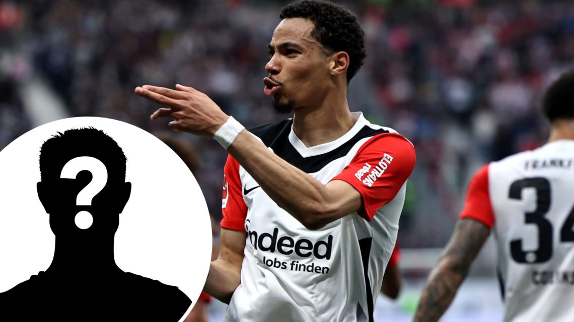 Hugo Ekitike celebrates scoring for Eintracht Frankfurt with fingers, overlaid mystery player icon.