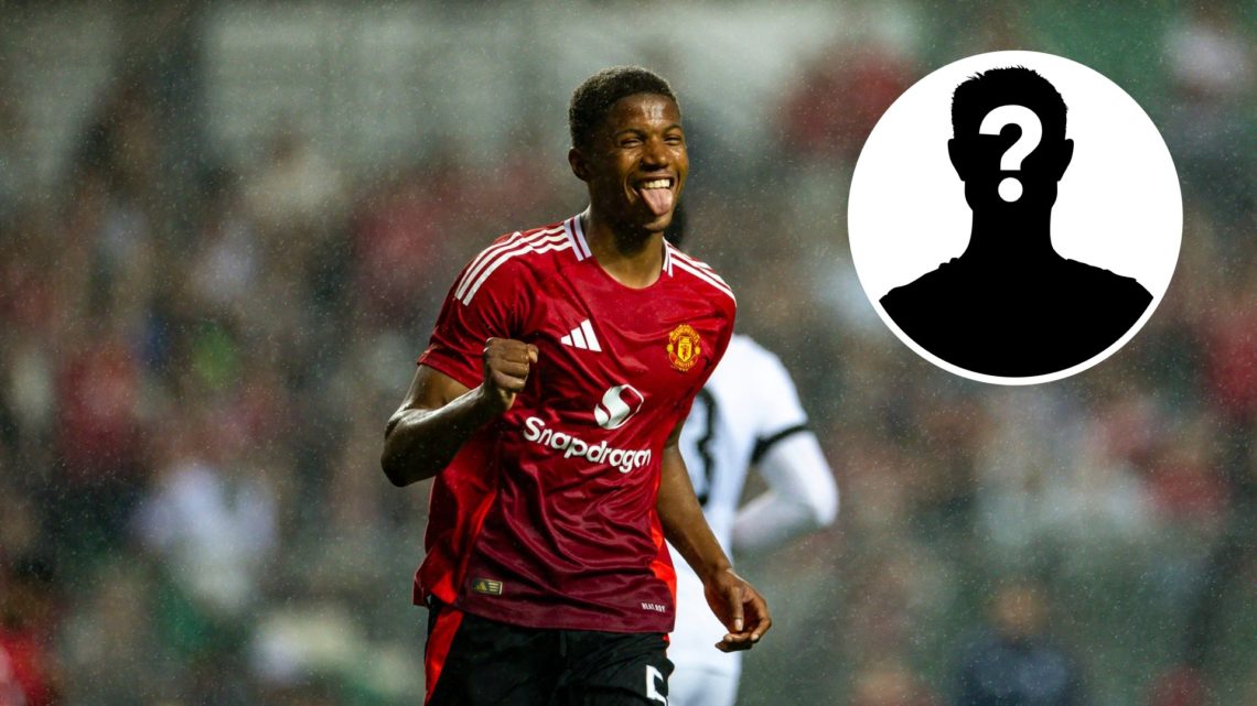 Chido Obi celebrates scoring for Man Utd, mystery player silhouette