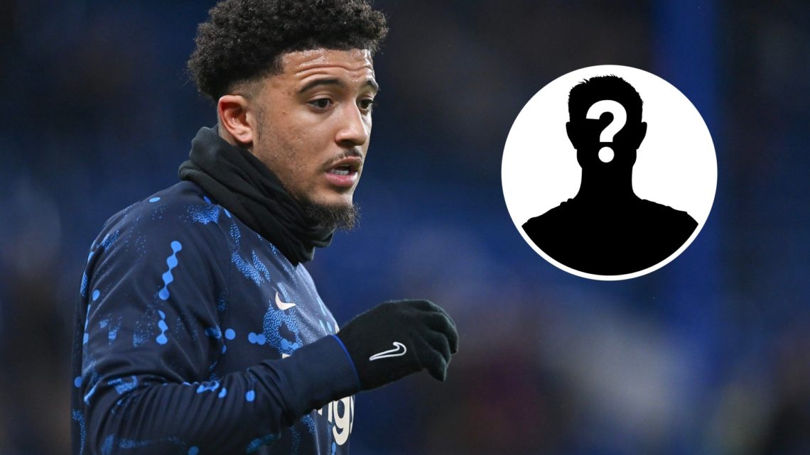 Chelsea winger Jadon Sancho warms up against AFC Bournemouth. Inset, a mystery player icon.