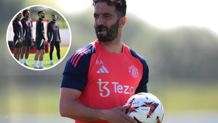 Manchester United head coach Ruben Amorim in training, inset of players at Carrington.