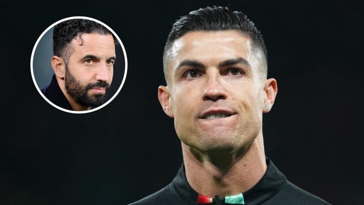 Cristiano Ronaldo in action for Portugal, inset of Manchester United head coach Ruben Amorim.