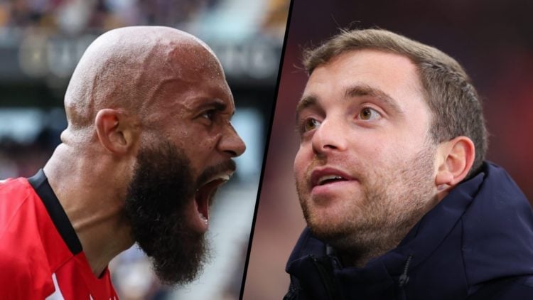 Split image, Bryan Mbeumo screaming in celebration and Fabrizio Romano staring into the distance.
