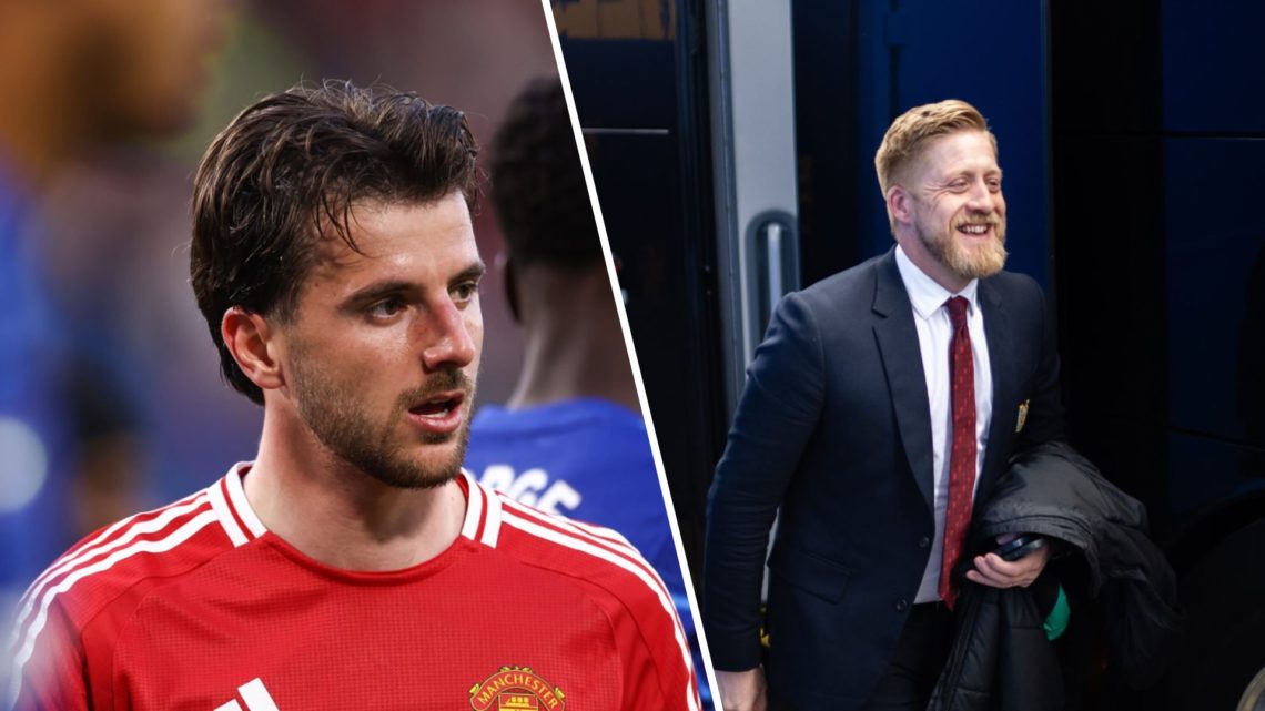 Split image, Mason Mount staring to the left during Manchester United vs Chelsea, Nick Cox walking into Stamford Bridge wearing a suit.