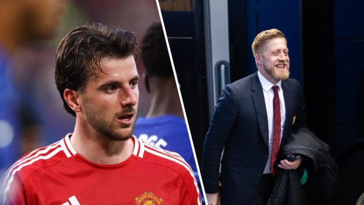 Split image, Mason Mount staring to the left during Manchester United vs Chelsea, Nick Cox walking into Stamford Bridge wearing a suit.