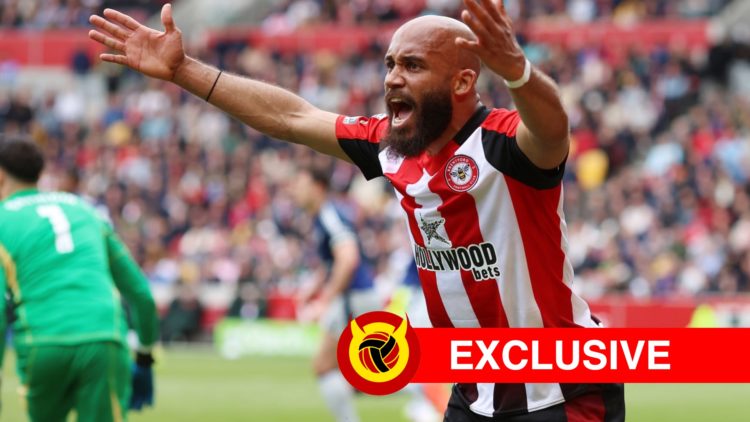 Bryan Mbeumo appeals for a foul against Manchester United with arms in the air. Overlaid UIF logo and exclusive banner.