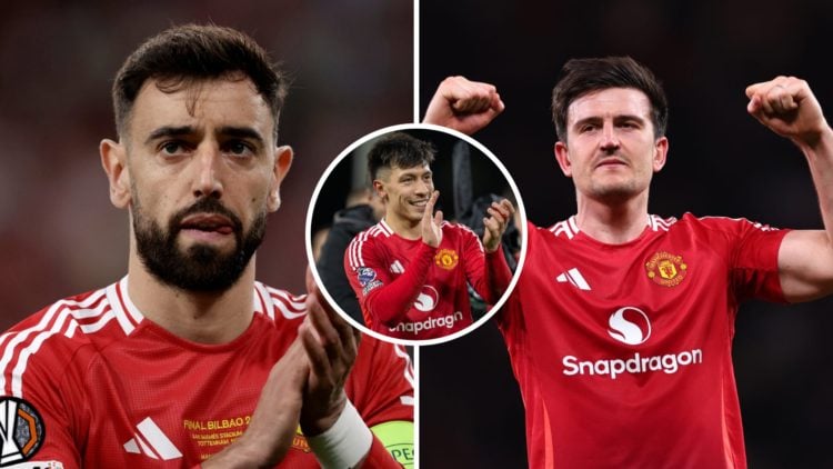 Split image of Manchester United players Bruno Fernandes, Harry Maguire and Lisandro Martinez.