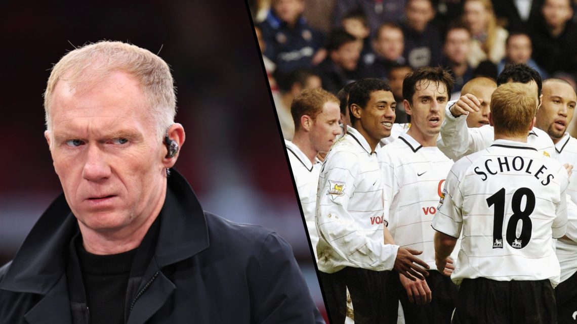 Manchester United legend Paul Scholes as a pundit for TNT Sports, inset Paul Scholes as a Manchester United player.