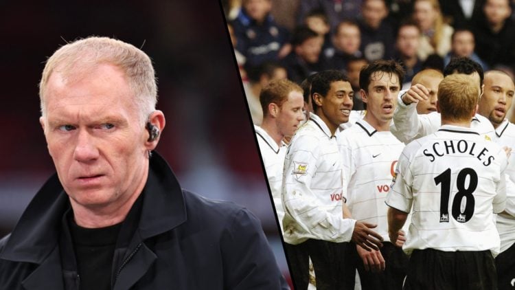 Manchester United legend Paul Scholes as a pundit for TNT Sports, inset Paul Scholes as a Manchester United player.