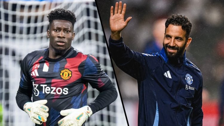 Split image, Andre Onana warms up for Manchester United looking directly at camera and Ruben Amorim waves to fans pre-game.