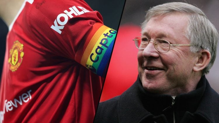 Former Manchester United manager Sir Alex Ferguson. Inset, a photo of the Manchester United captain’s armband.