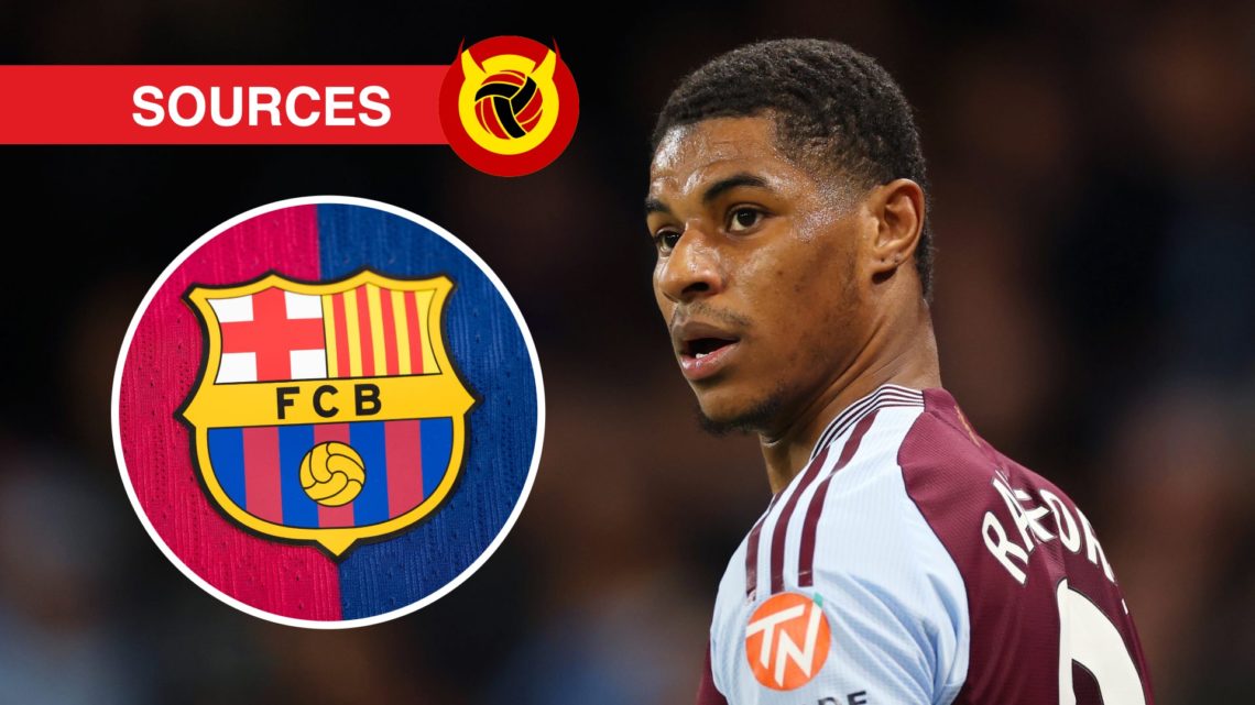 Marcus Rashford with back to camera but head turned with Aston Villa kit on. Inset, Barcelona badge. Overlaid UIF logo and sources banner.
