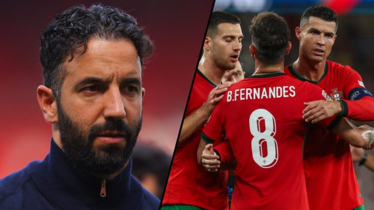 Bruno Fernandes and Diogo Dalot playing for Portugal, inset a photo of Manchester United manager Ruben Amorim.