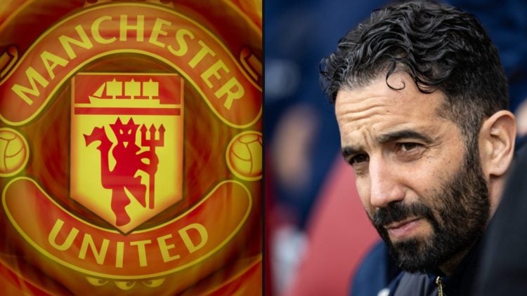 Manchester United manager Ruben Amorim in the dugout ahead of a match, inset a photo of the Manchester United club crest.