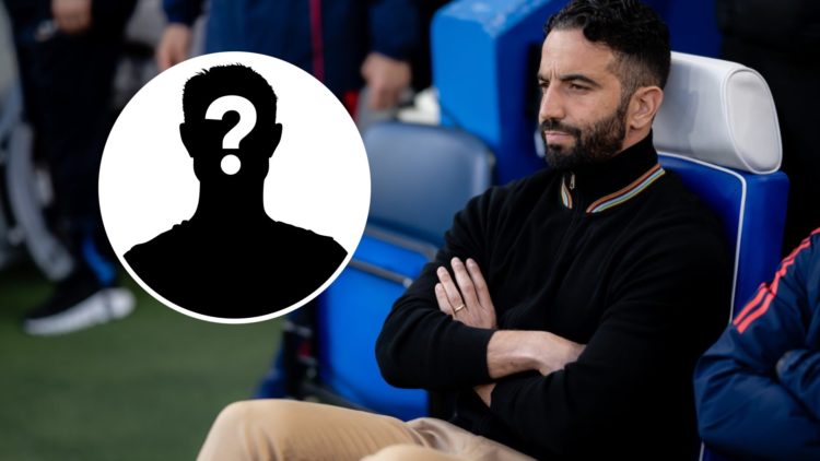 Ruben Amorim sits with arms folded before Manchester United vs Chelsea. Overlaid mystery player icon.