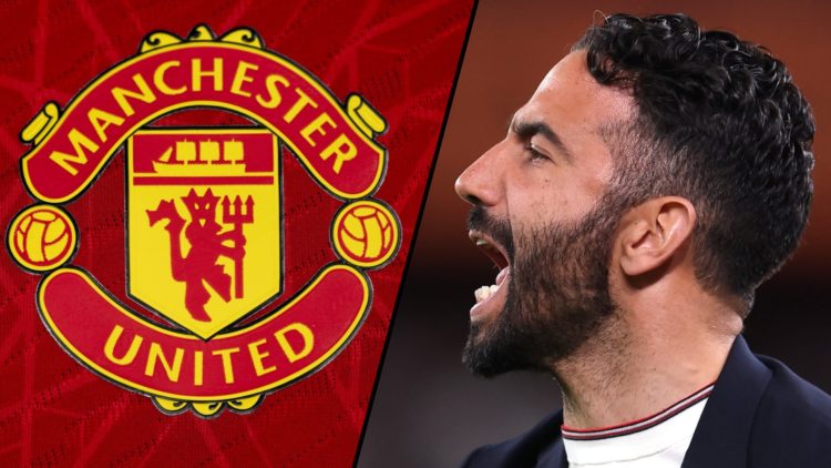 Manchester United manager Ruben Amorim in the 2025 Europa League final, insert a photo of the Manchester United club crest.