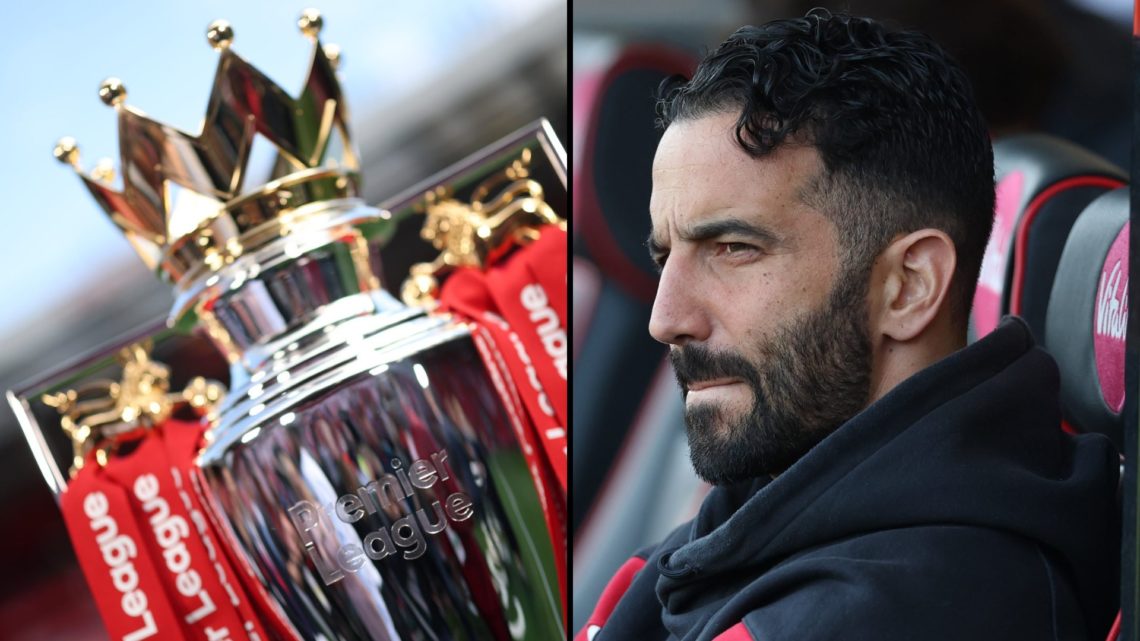 Manchester United manager Ruben Amorim during the Bournemouth match, inset a photo of the Premier League trophy won by Liverpool