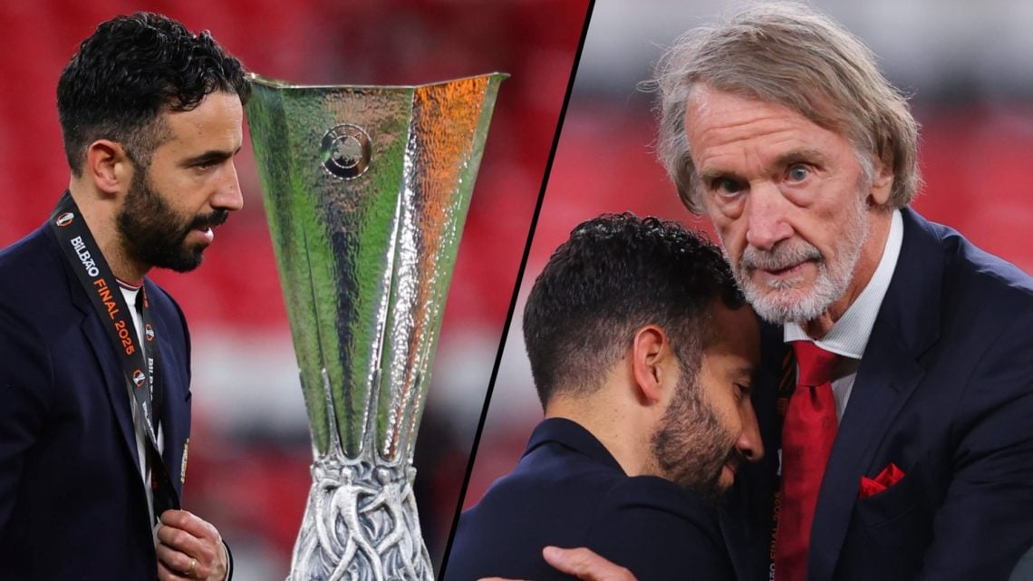 Ineos chief Sir Jim Ratcliffe with Ruben Amorim, inset the Manchester United manager walking past the Europa League trophy.