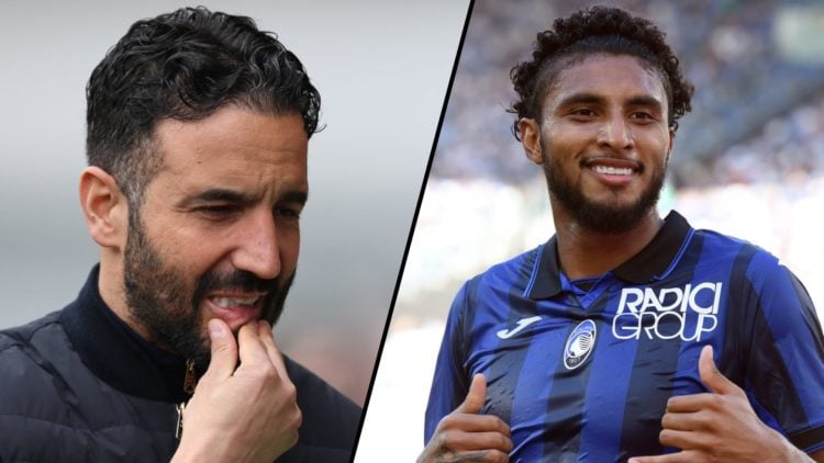 Manchester United manager Ruben Amorim during a match, inset a photo of Atalanta defensive midfielder Ederson.