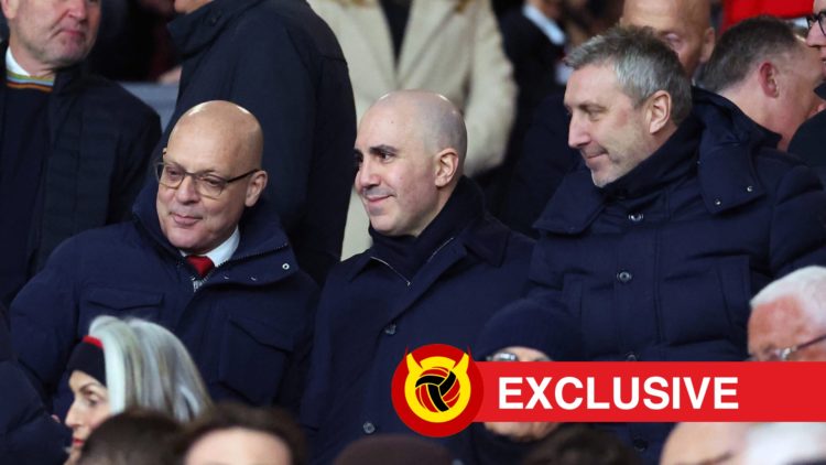 Dave Brailsford, Omar Berrada and Jason Wilcox in stands at Old Trafford during Manchester United game. Overlaid UIF logo and exclusive banner.