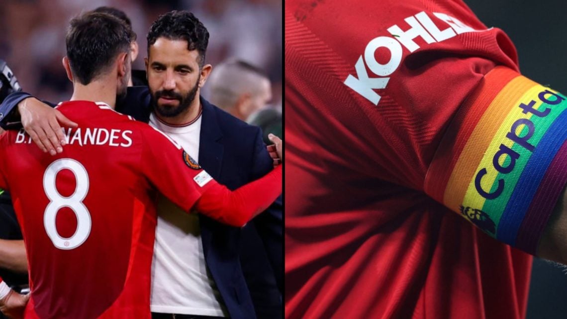 Bruno Fernandes and Ruben Amorim during the 2025 Europa League final, inset a photo of the Manchester United captain’s armband.
